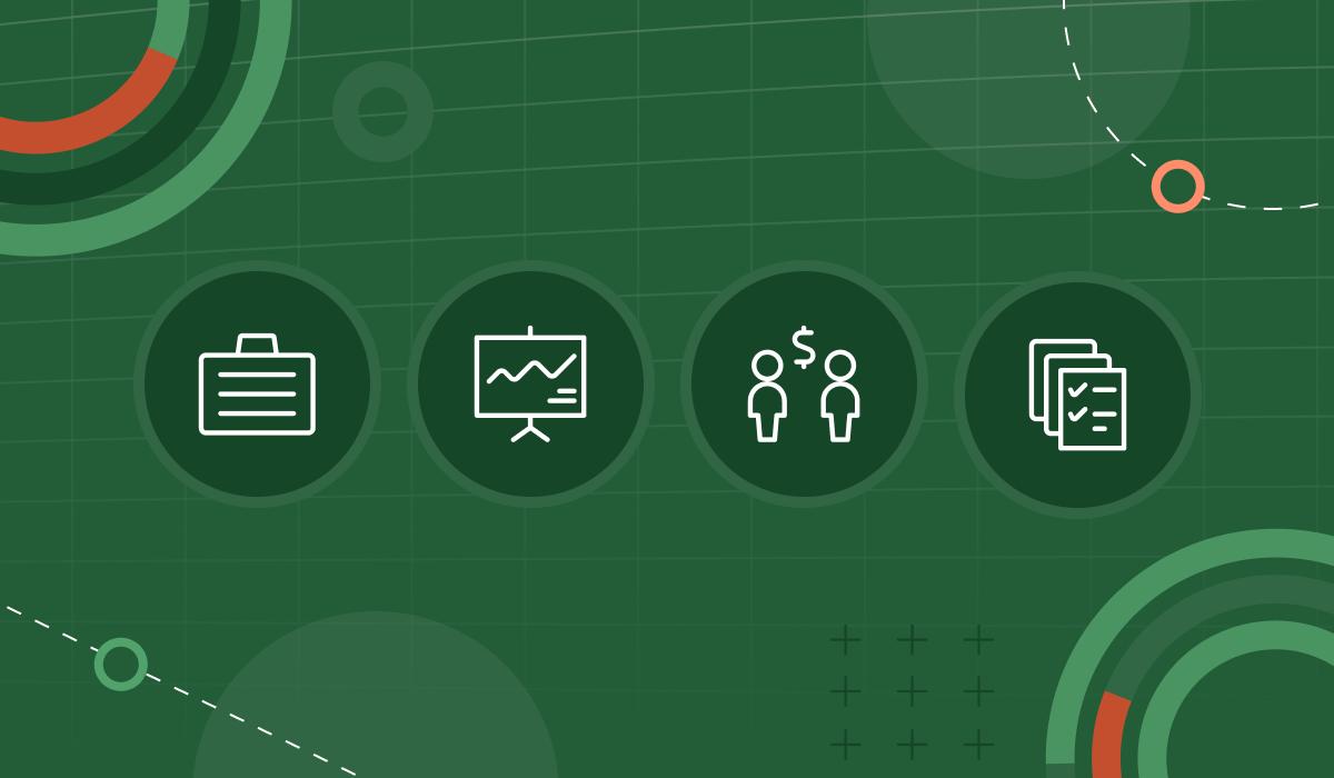 A green graphic background with a suitcase, chart presentation, two people, and documents. 