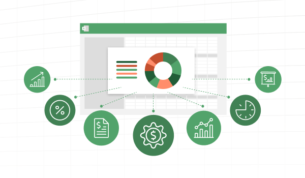 Visual of a computer screen in the middle with seven icons of financial kpis linking to the screen
