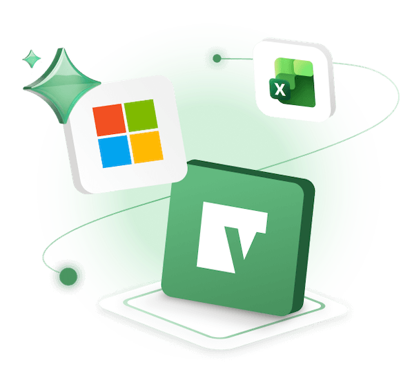 Microsoft and Excel icons orbit a green Vena logo, with sparkles and swooshing lines.
