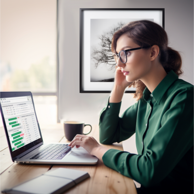 A White woman looking at a laptop screen displaying Financial Close Software