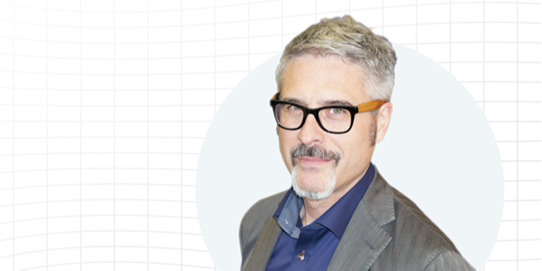Headshot of Darrell Cox, Vena CFO, over a grid background.