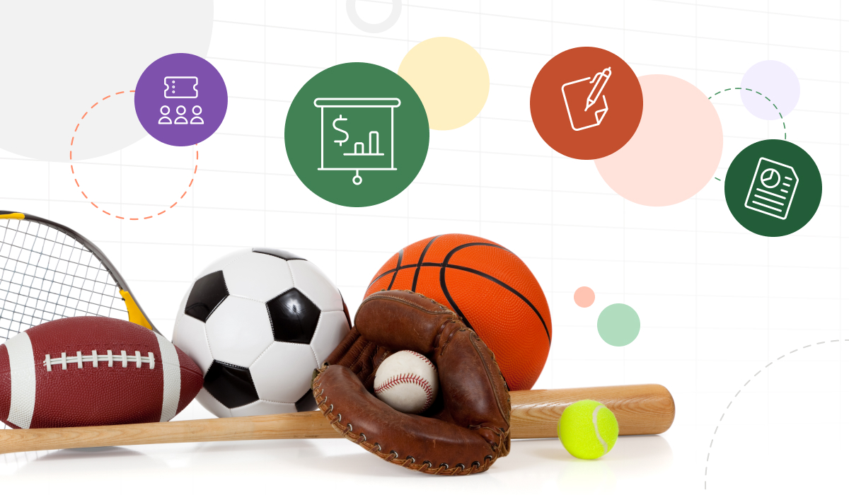 An assortment of sports equipment in front of a background with financial icons. 
