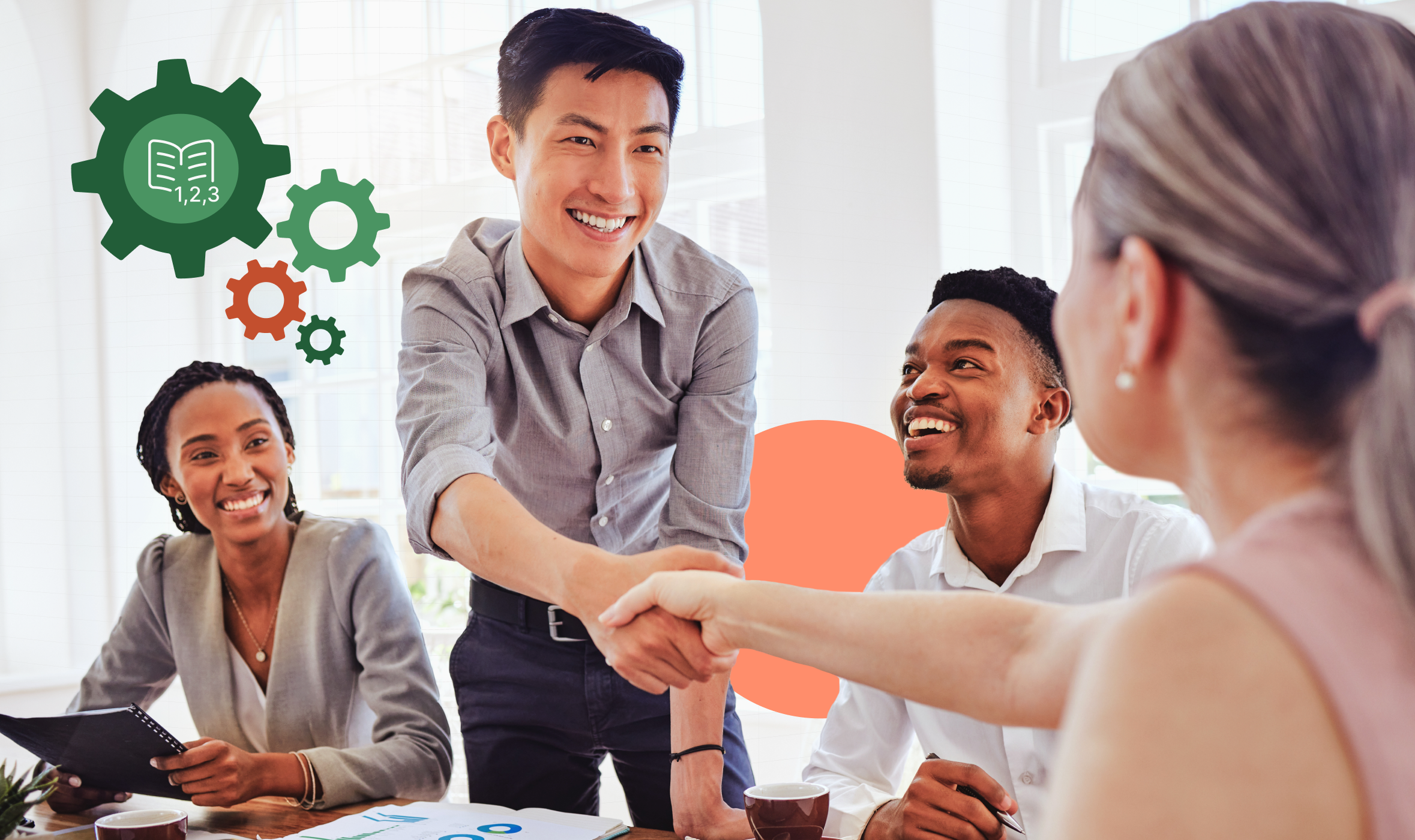 Finance professional shaking hands with her colleague after discussing business continuity planning.