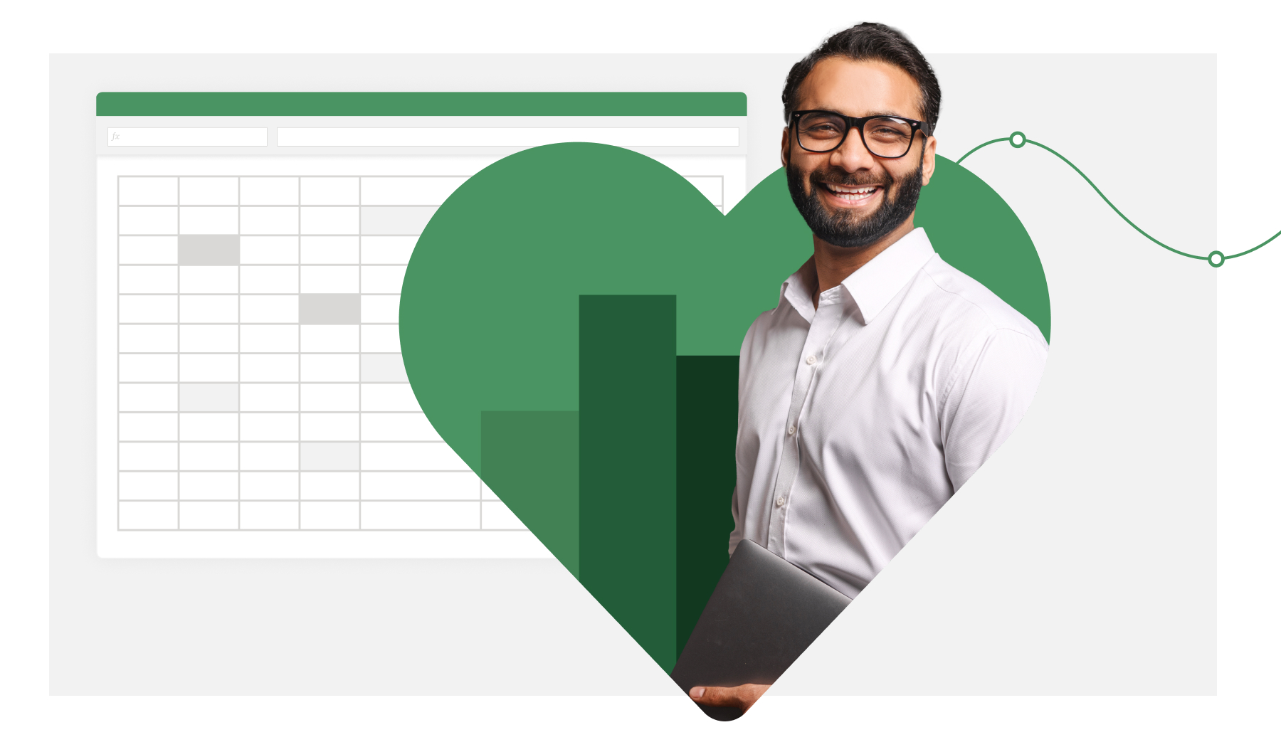 Graphic heart with a finance pro in it set over a spreadsheet background.