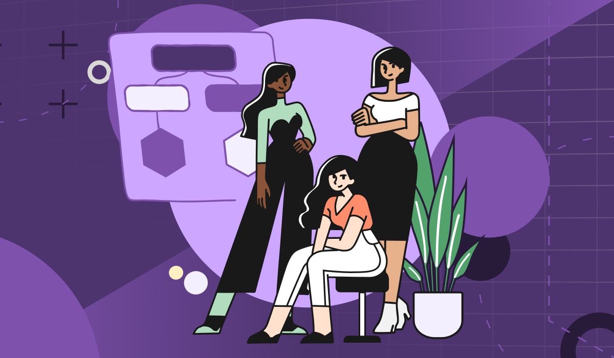 Two women standing and one sitting with a purple background.