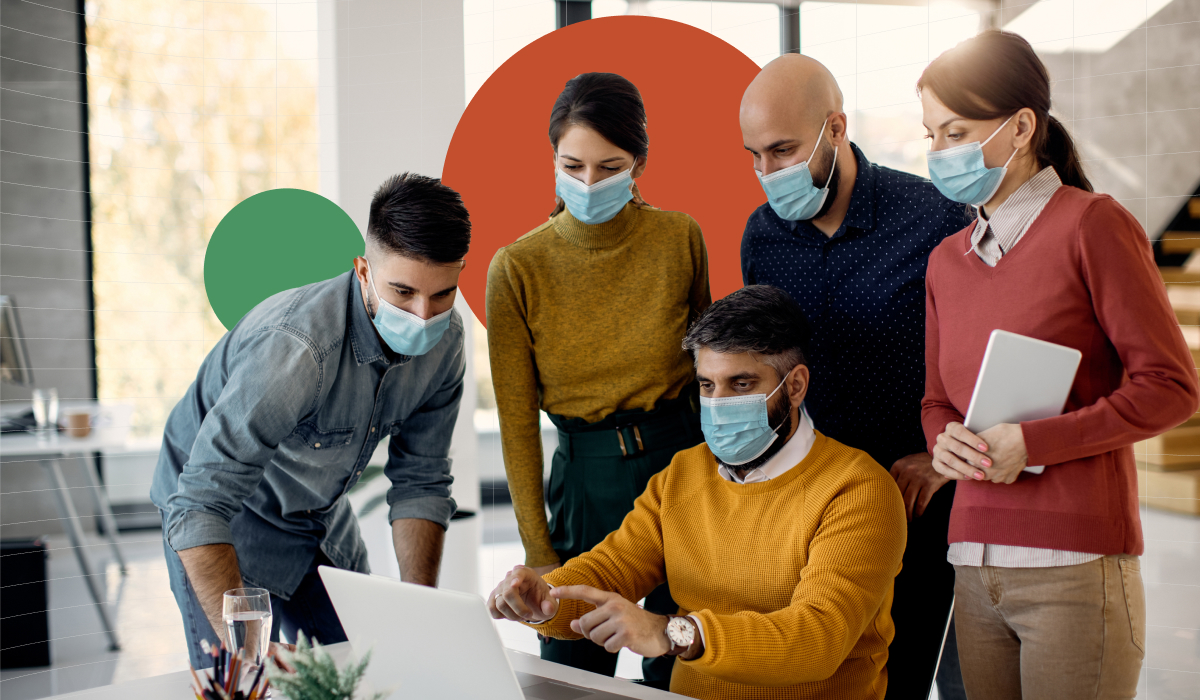 Business Planning For Uncertainty - Five Colleagues Wearing Protective Masks