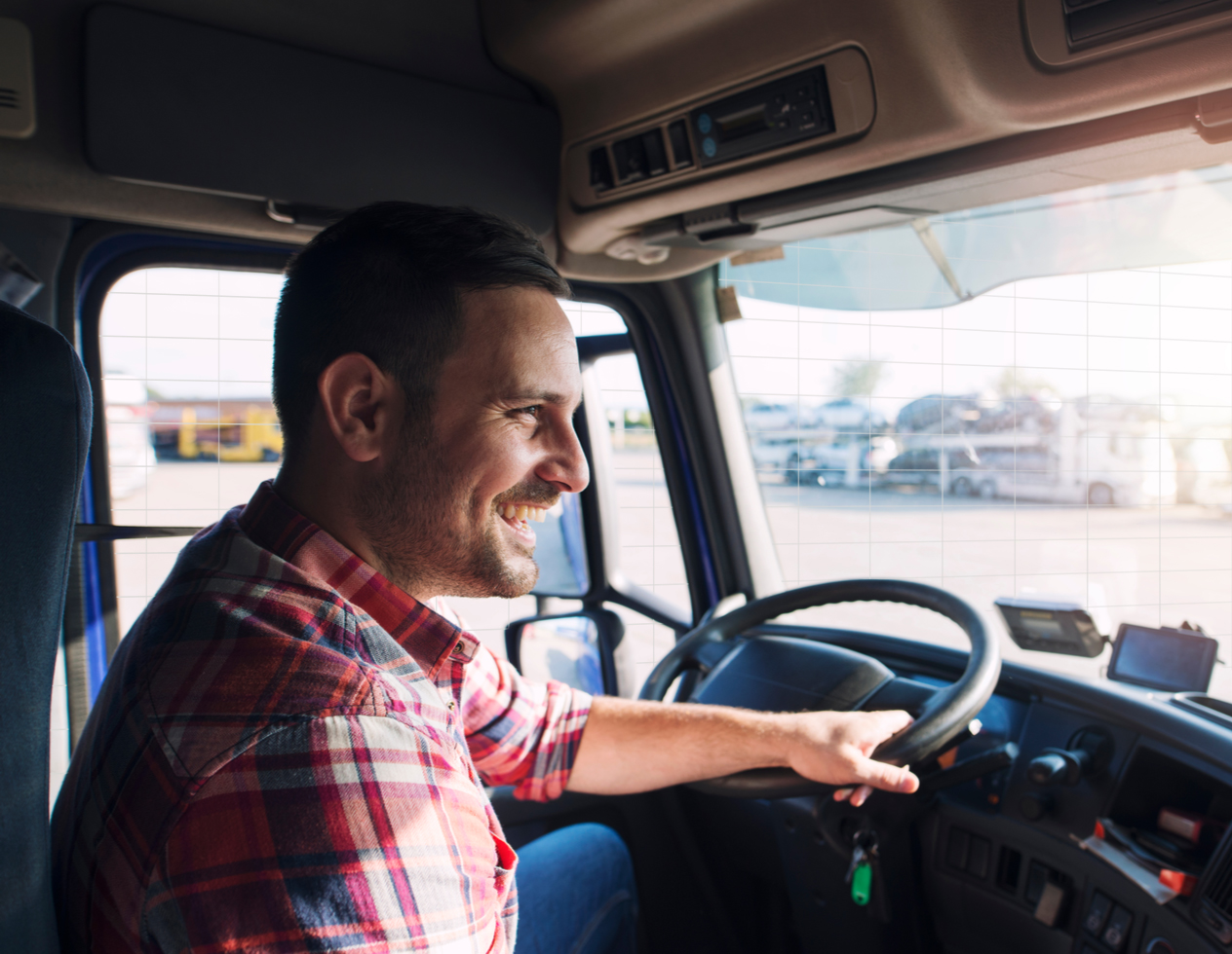 Stylized image of a man driving a truck.