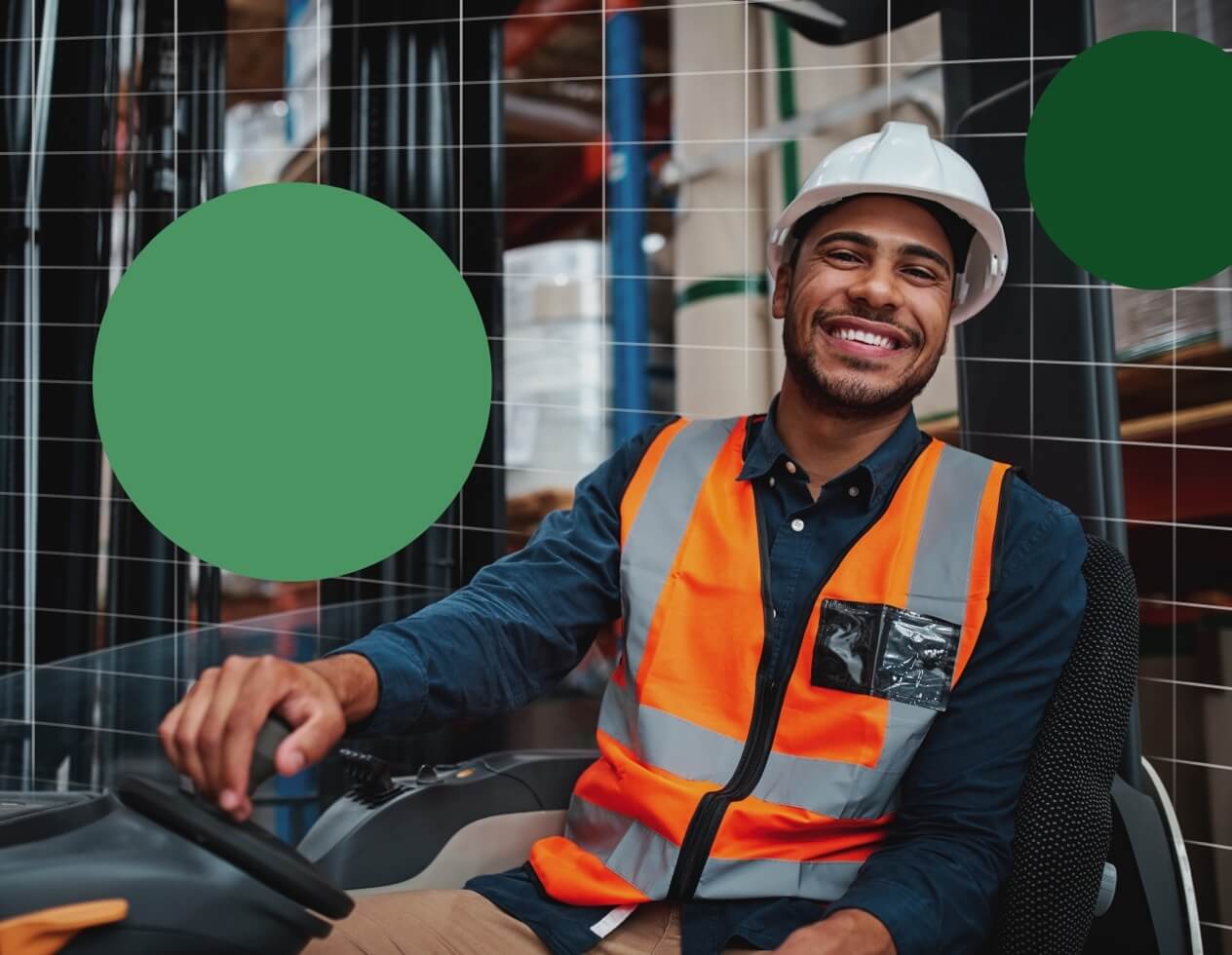 Branded image of a smiling man driving a forklift.