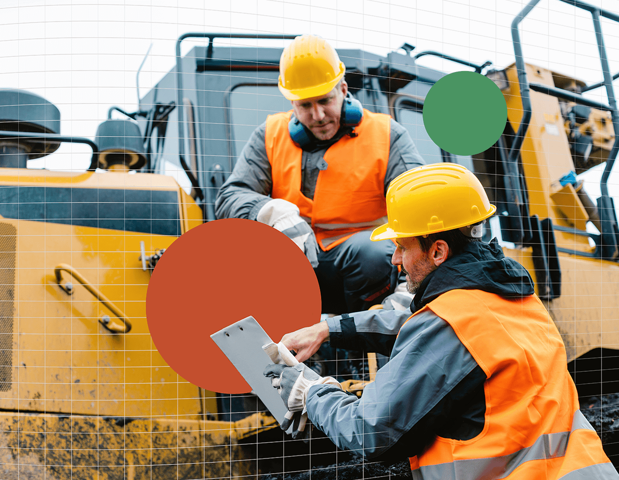 Vena branded image of two men in construction uniforms in front of a truck and looking at a clipboard.