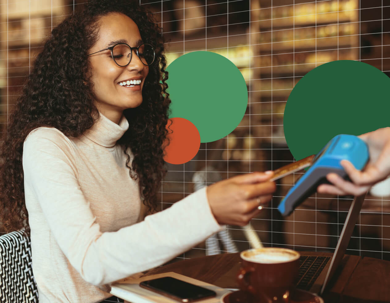 Stylized image of a woman tapping her credit card while paying the bill at a coffee shop.