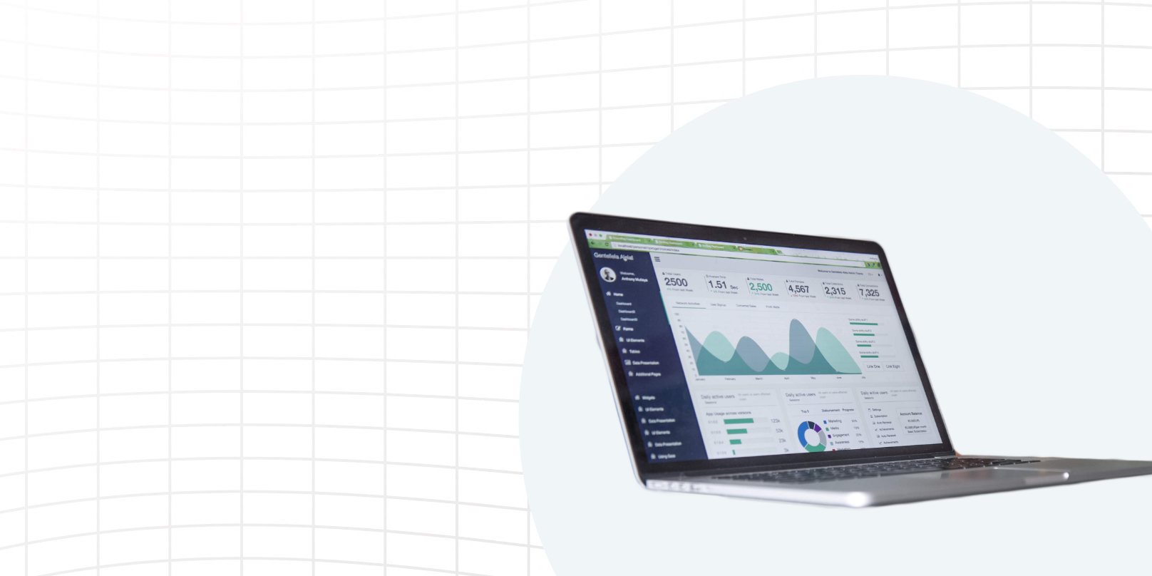 Grid background with laptop showing dashboard on screen.