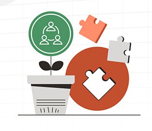 Animated graphic of puzzle pieces and a potted plant with icon for human connection. 