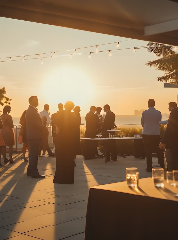 People mingling at an outdoor rooftop event at sunset, with string lights and long shadows near a bar table.