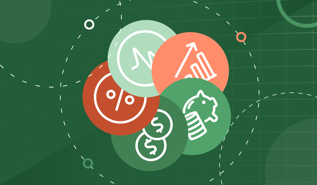 Five graphic icons outlining currency, percentage, and a graphic depicting growth.