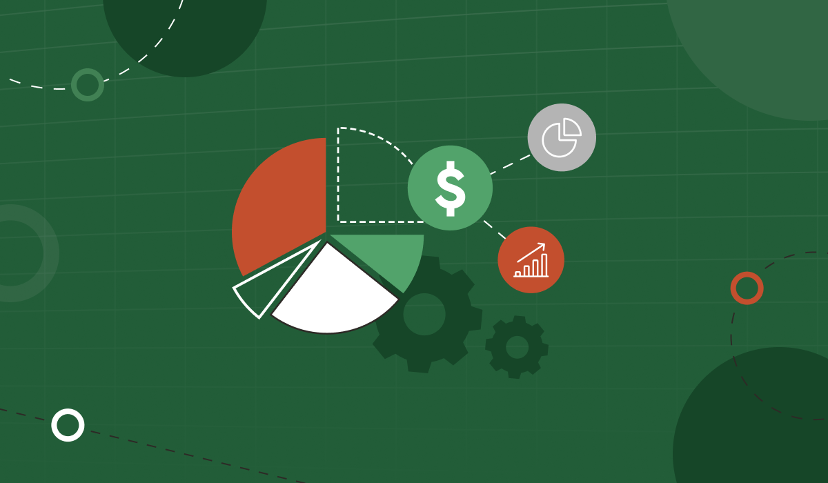 Graphic pie chart with icon indicating currency, and graph showing growth
