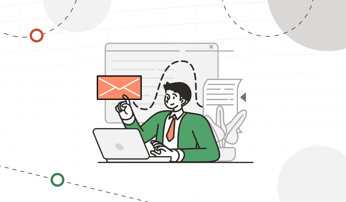 An illustration of a man sitting at his desk, wearing a green blazer and orange tie. He is on his laptop and is opening what seems to be an email.