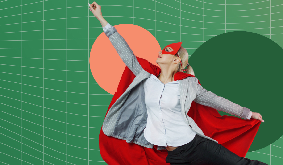 A woman professional wearing a superhero costume