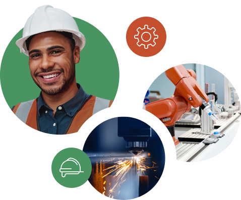 A cluster of images, including a construction worker, tools and icons of a cog and hardhat