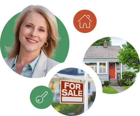 A cluster of images, each in a circle, including the headshot of a woman, an image of a house and a for sale sign