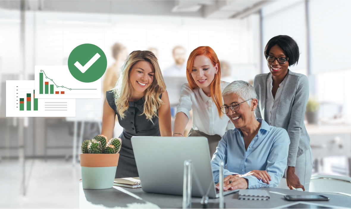A group of female finance professionals gather around a laptop at a desk. On the left of the image features a checkmark icon.