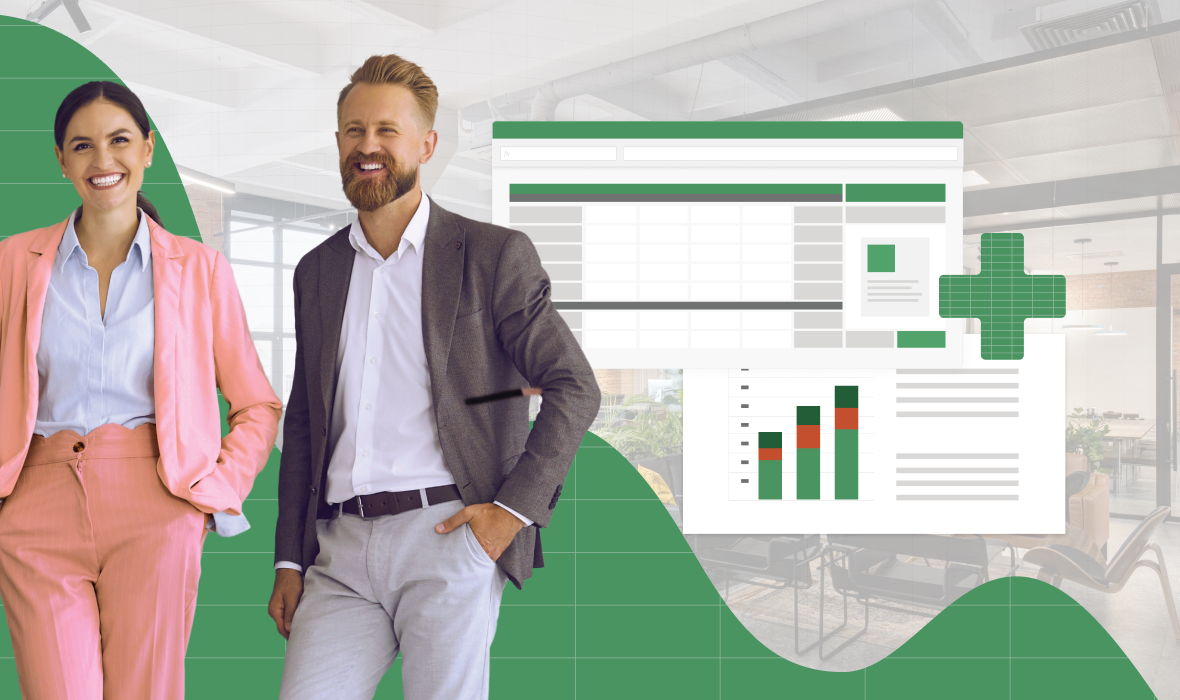Two finance professionals smiling can be seen on the left of the image. To the right of the image is a mock bar graph and a mock data sheet.