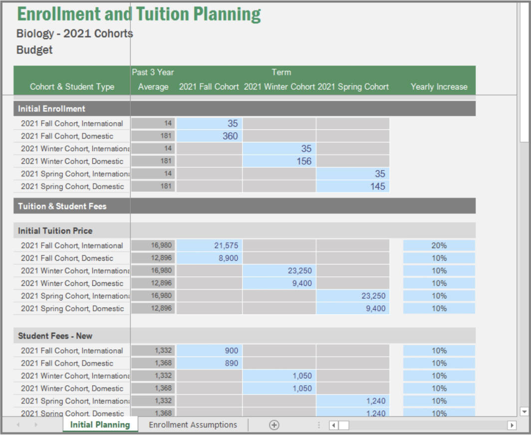 Screenshot of Vena's Enrolment and revenue Planning template