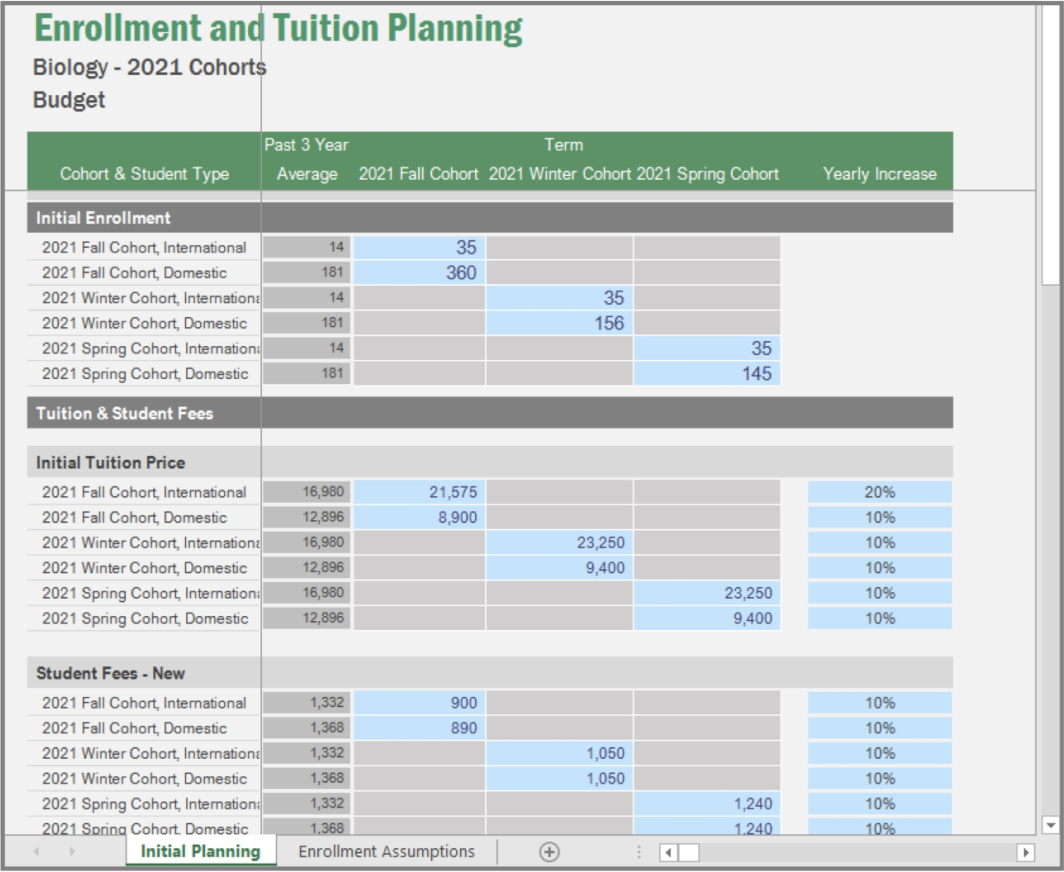 Screenshot of Vena's Enrollment and Tuition Planning template