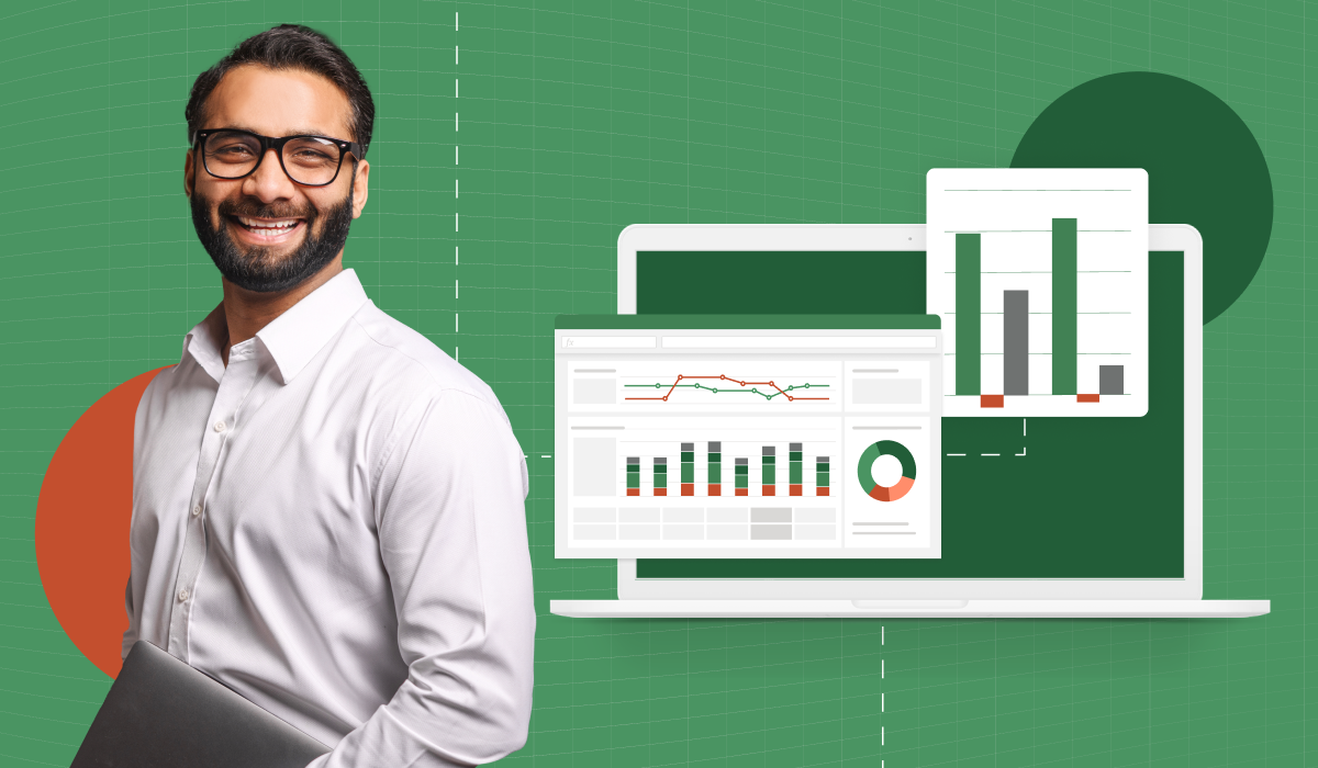 Finance pro with profitability analysis reports in the background.