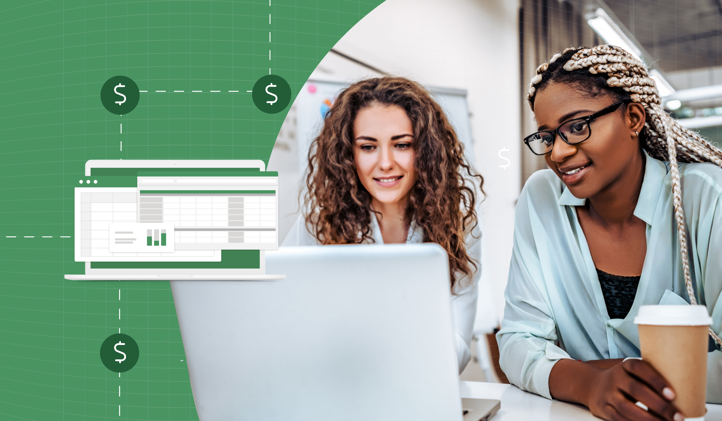 On the left, a small graphic of an excel spreadsheet. On the right of the image, two professional women looking at a laptop.