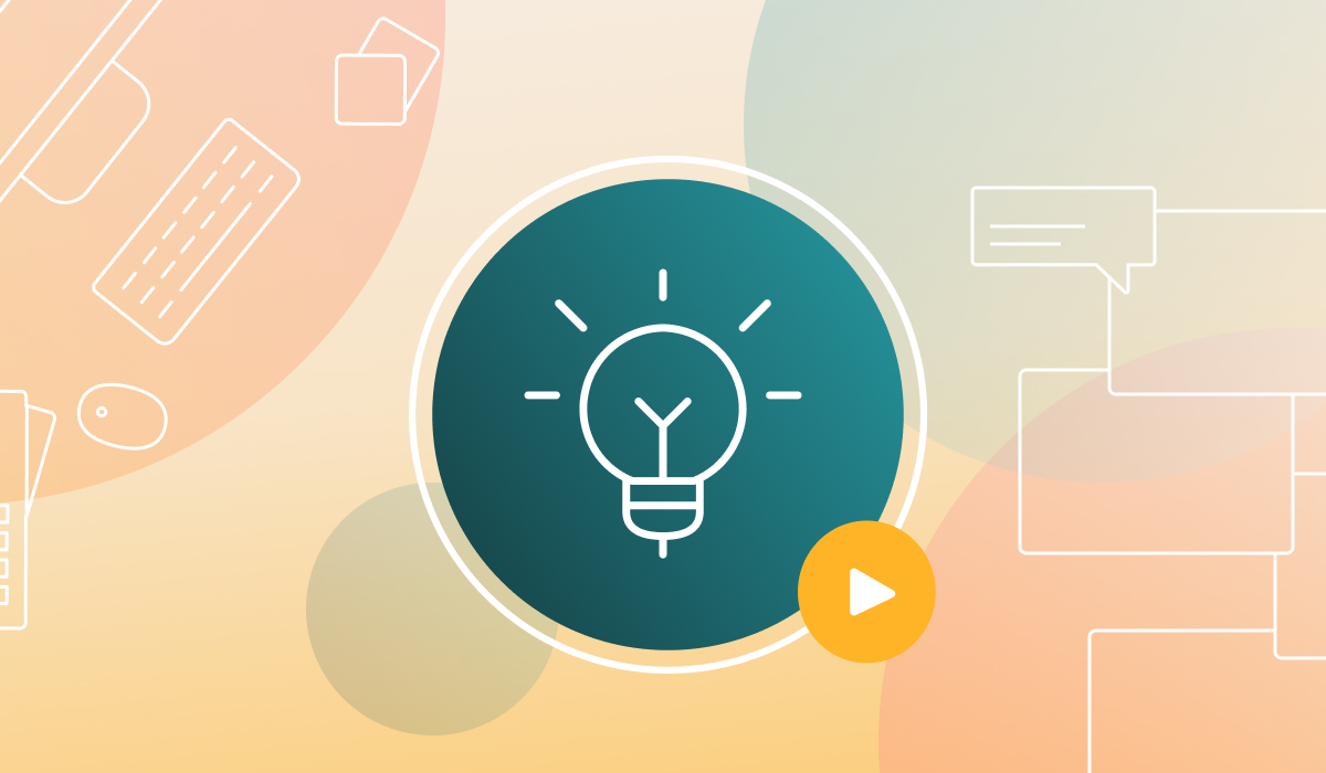 A graphic with a teal circle and lightbulb in the middle, and a light orange play button. 