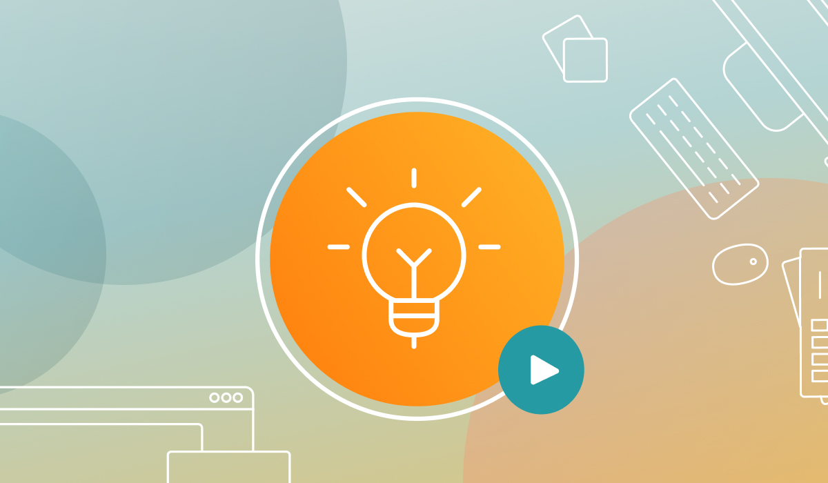 Light bulb icon with a gradient background and illustrations. 
