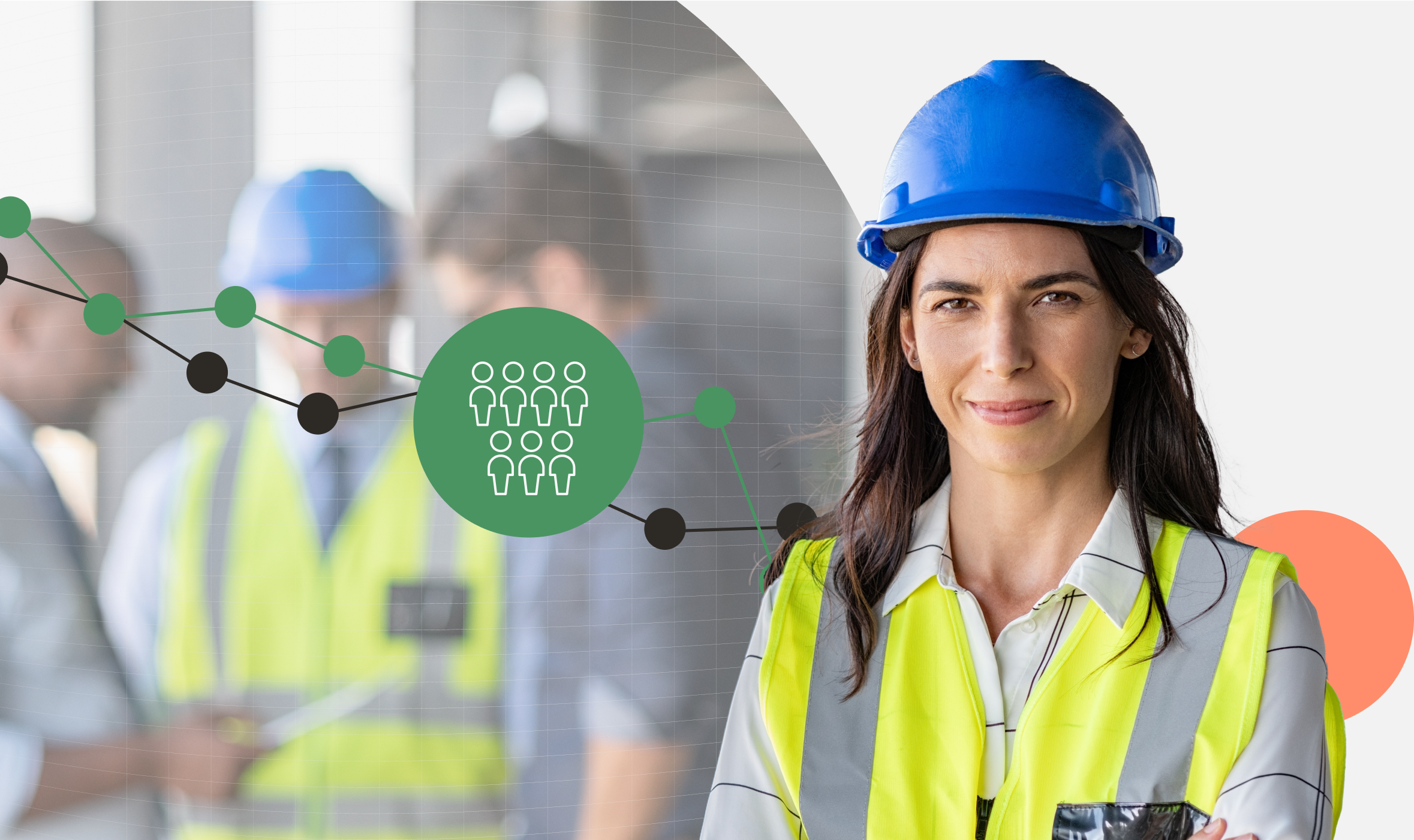 Image of a woman wearing a safety hat on a job site with coworkers in the background and a FTE graphic