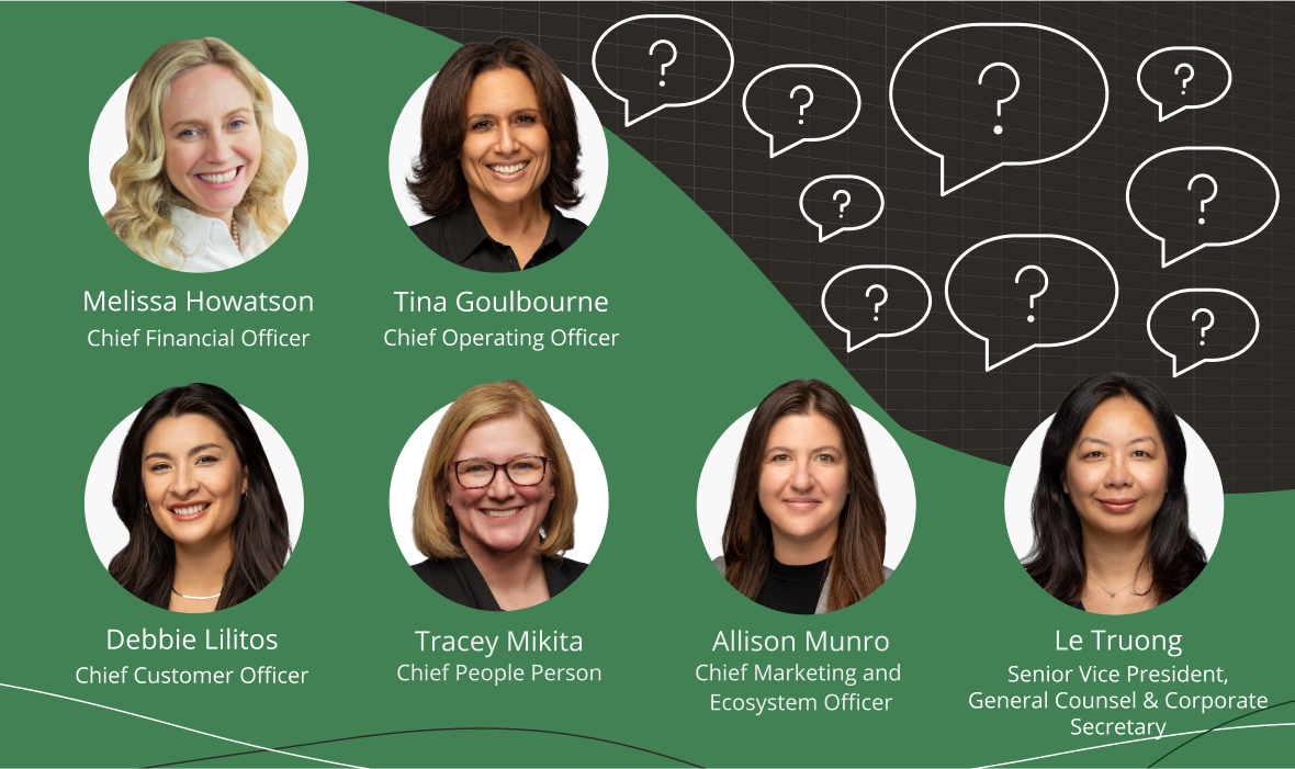 Headshots of women on Vena's Executive Leadership Team with question mark speech bubbles
