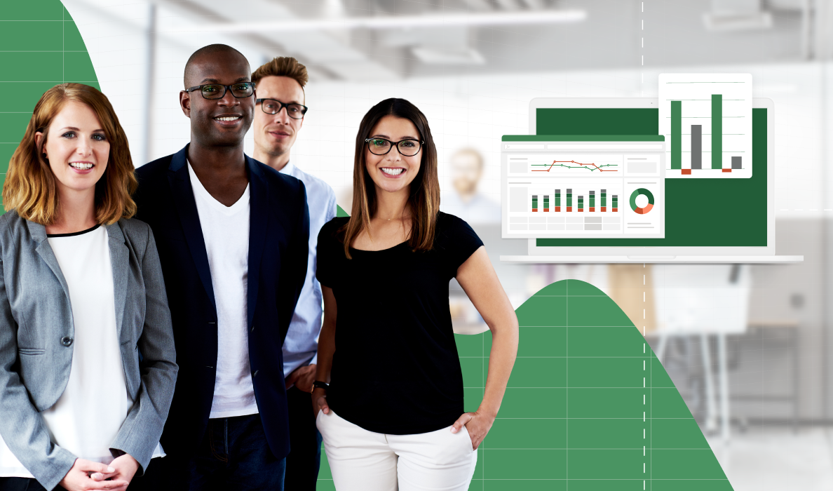 Four smiling finance professionals surrounded by reports containing business metrics