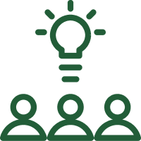 A green icon of a light bulb and three people