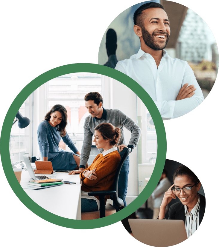 Three circles, each containing people working in an office Three circles, each containing people working in an office