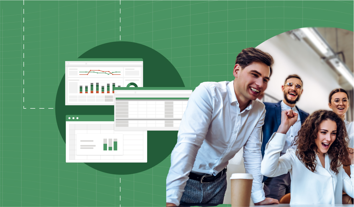 Four employees and a graphic of a dashboard