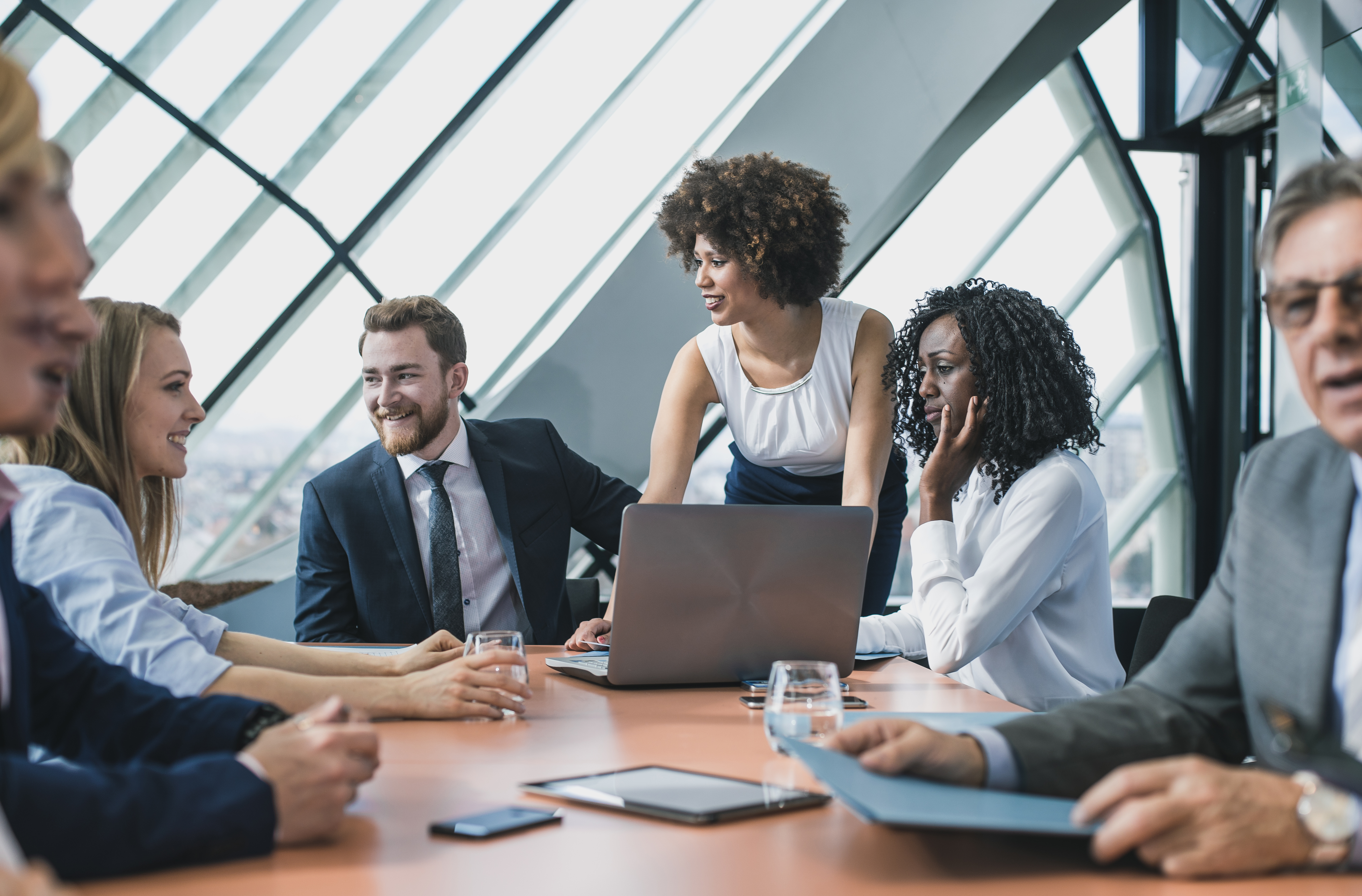 Corporate finance team in a meeting as part of their annual budgeting process.