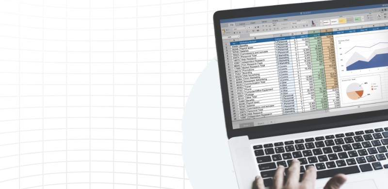 Hands typing on a laptop with a spreadsheet on the screen.