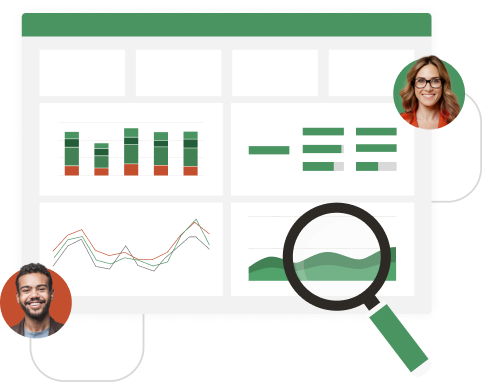 A webpage with charts and graphs and the headshots of two professionals. There's a magnifying glass hovering over one of the graphs.