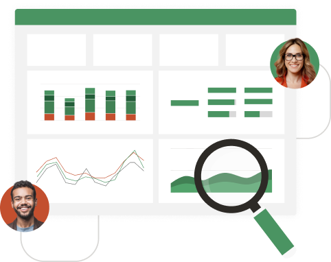 A webpage with charts and graphs and the headshots of two professionals. There's a magnifying glass hovering over one of the graphs.