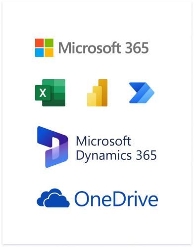 A list of logos for the following: Microsoft 365, Microsoft Excel, Microsoft Power BI, Microsoft Dynamics 365 and OneDrive