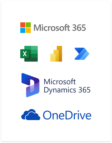 A list of logos for the following: Microsoft 365, Microsoft Excel, Microsoft Power BI, Microsoft Dynamics 365 and OneDrive